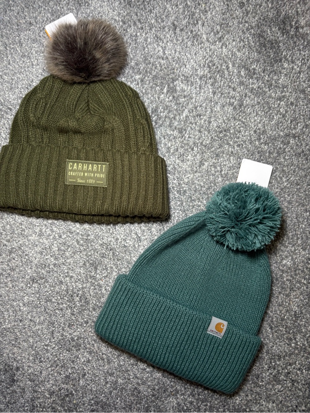 Carhartt Olive Green Cable Knit Beanie & Teal Folded Cuff Pom Hat